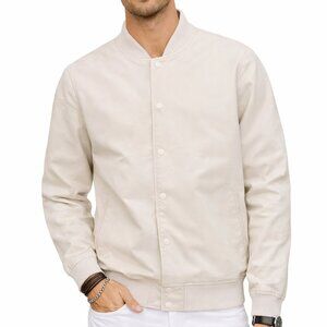 Men's Jonah Snap Button Varsity Jacket Cream PU Leather - Medium